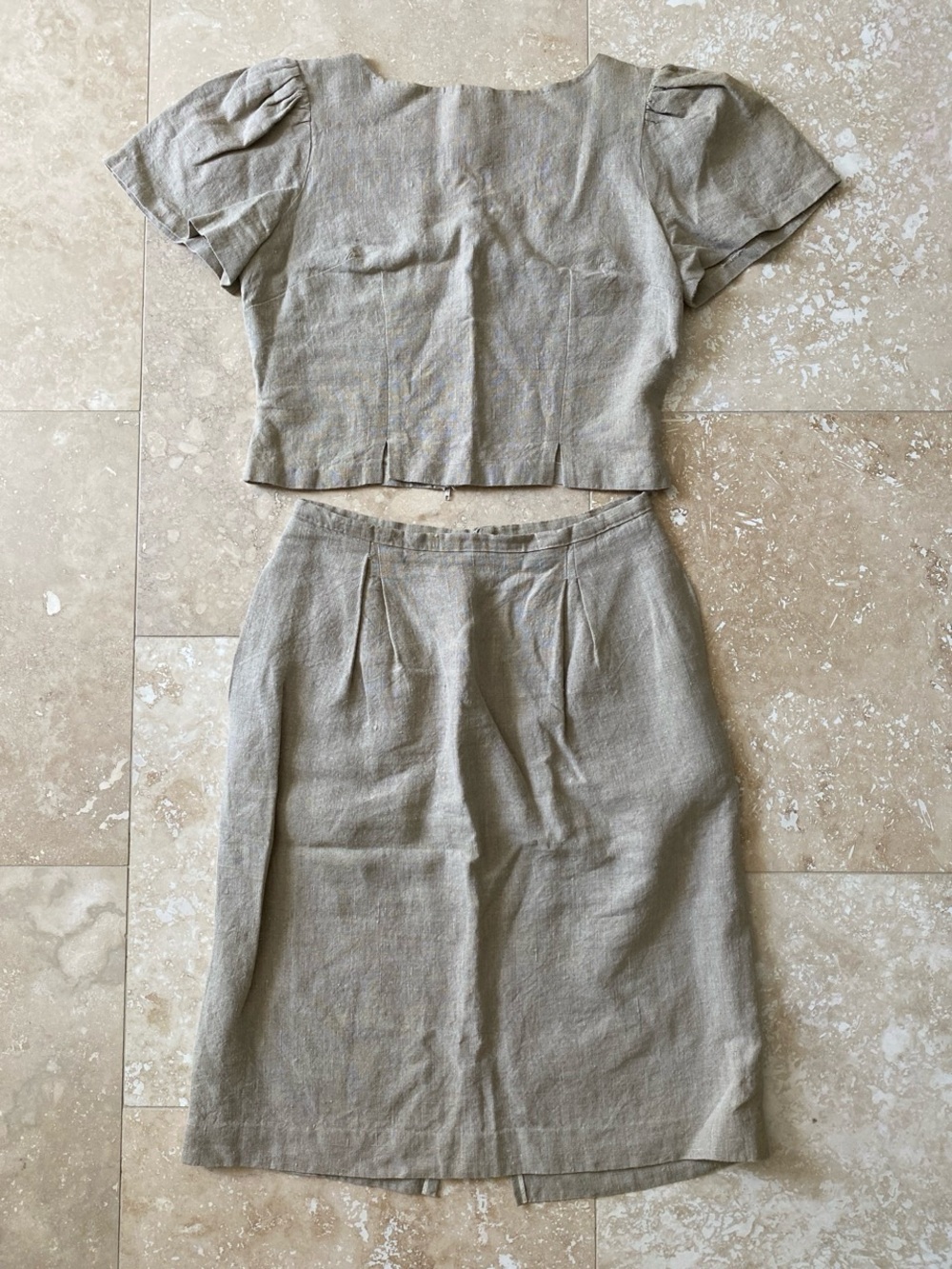 Vintage 60s Oatmeal Linen Puffed Sleeve Crop Top and High Waisted Knee Midi Set